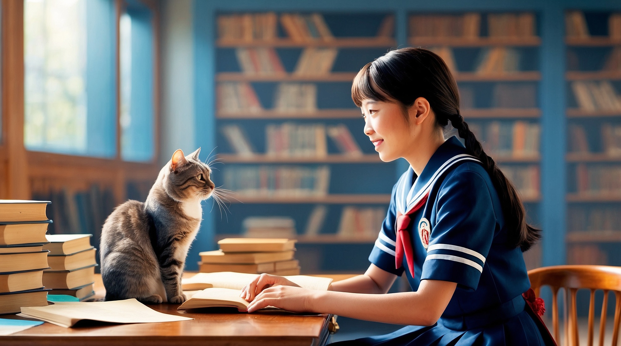 Nanami e il gatto Tora in biblioteca ne Il gatto che voleva salvare la biblioteca. Immagine generata tramite AI.