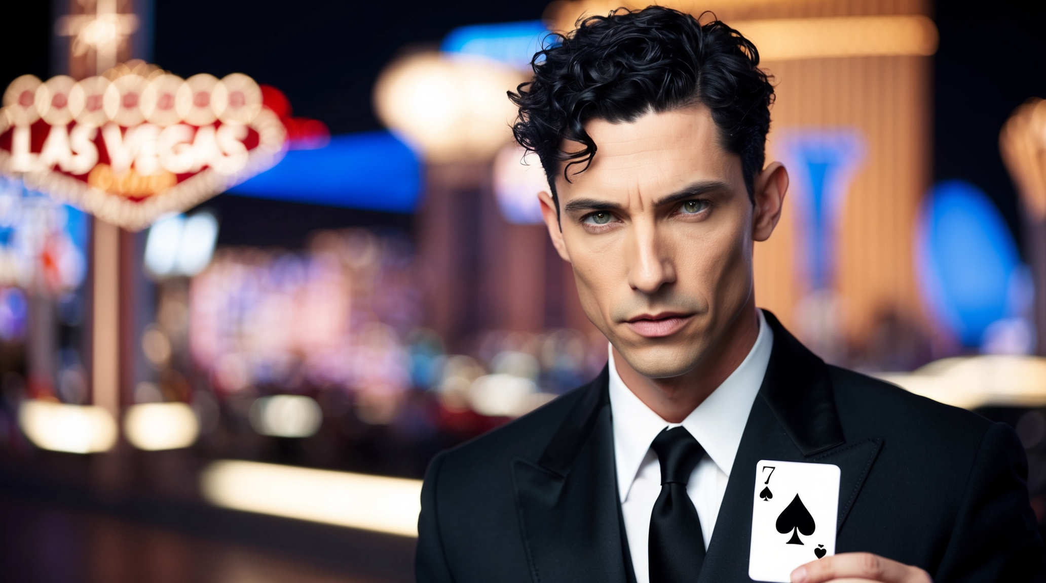 Il detective Levi Abrams con una carta del 7 di picche in Partita con la morte. Immagine generata tramite AI.